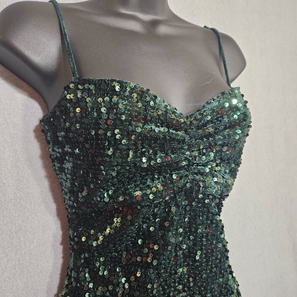 Zara Green Velour Sequined Stretch Sz Medium Mini Coctail Party Club Dress - Picture 8 of 8